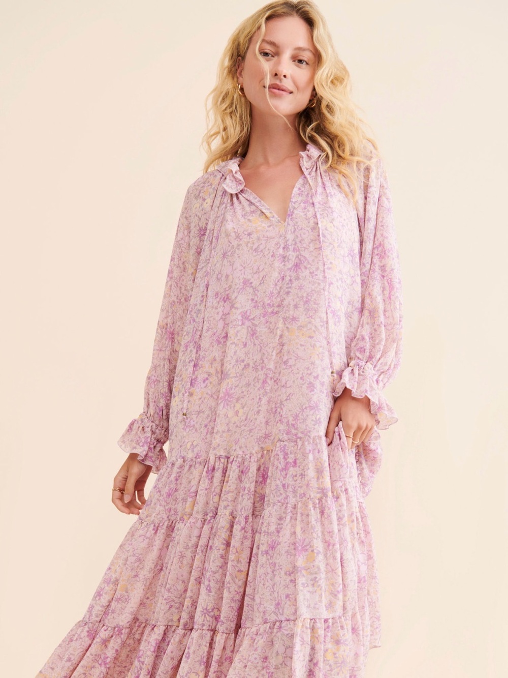 Free People Lavender Floral Tie-Neck Tiered Maxi Dress